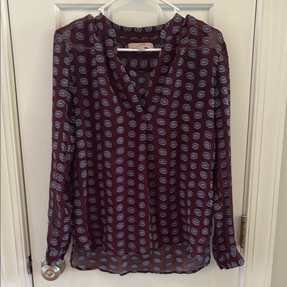 LOFT Women's Dark Brown and Blue Patterned Blouse, Long-sleeved, S